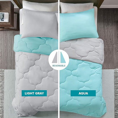 Comfort Spaces Vixie Reversible Comforter Set - Trendy Casual Geometric Quilted Cover, All Season Down Alternative Cozy Bedding, Matching Sham, Aqua/Gray, Full/Queen 3 piece