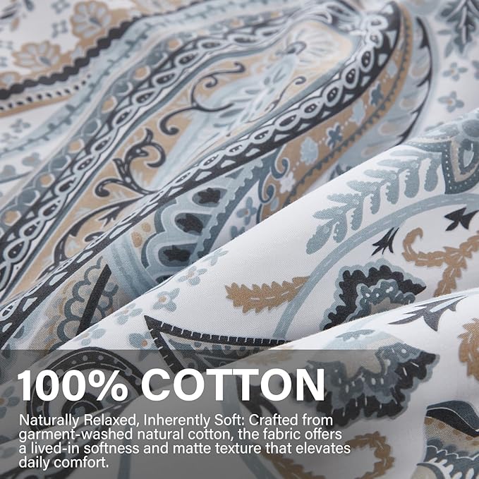 Grey Blue Paisley Comforter Set Queen Size 3 Pieces 100% Cotton Boho Paisley Pattern Bedding Set All Season Soft Cotton Lightweight Reversible Comforter