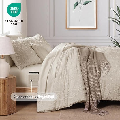 Queen Comforter Set Beige, Tufted Boho Bedding Farmhouse Bed Set, All Season 7 Pieces Bed in a Bag with Sheets, Pillowcases & Shams