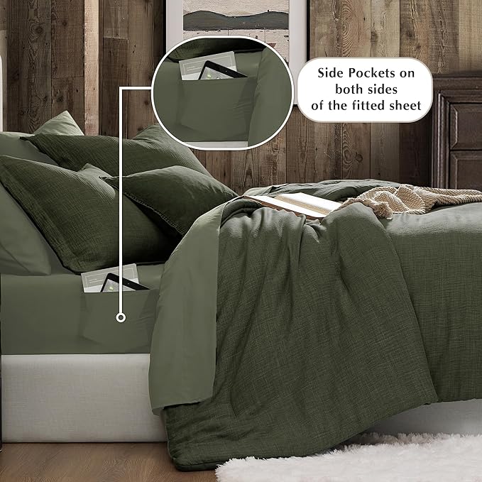 Geniospin Dark Olive Green Queen Comforter Set - 7 Pieces Comforter Queen Size, Solid Bedding Set for All Season, Textured Bed in a Bag with Sheets