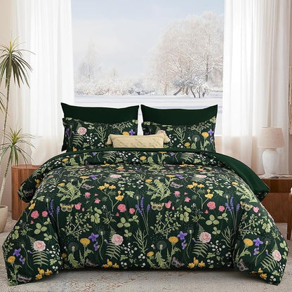 Yiran Dark Green California King Comforter Set, 7 Piece Summer Floral Comforter Bedding Set, Bed in a Bag with Flowers Pattern, Soft Microfiber Complete Bedding Set with Sheets for All Season