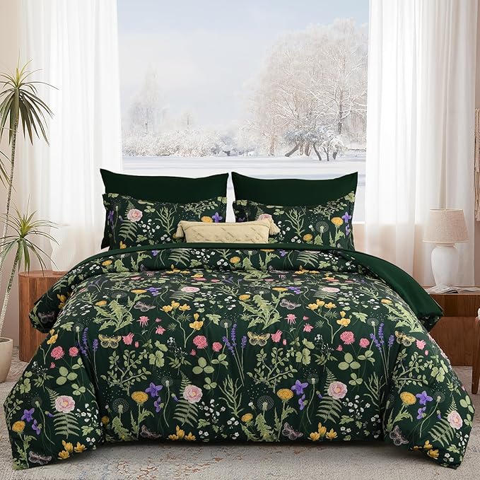 Yiran Floral Twin Comforter Set with Sheets, 6 Piece Bed in a Bag with Botanical Flowers Patterns, Dark Green Bedding Set Girls Soft Lightweight Complete Comforters with Sheets for Women