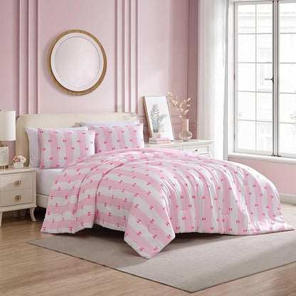 Betsey Johnson - Twin Comforter Set, Bonus Bedding Set with Matching Sham, Pillowcase & Reversible Plush Throw, Dorm Essentials (Bow Stripe Pink)