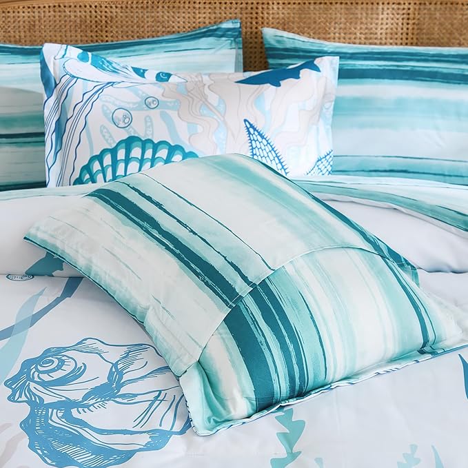 WONGS BEDDING Coastal Queen Size Comforter,7 Pieces Beach Nautical Themed Bed in a Bag Bedding Set,Ocean Coral Seashell Pattern Soft Warm Comforters for All Season, 90"x90"