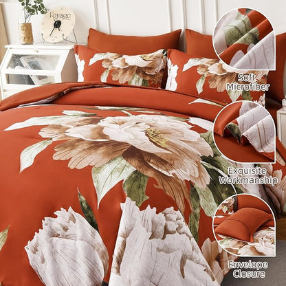 Dobuyly Burnt Orange Comforter Set King Size 7 Piece Bed in a Bag, Floral Printed on Terracotta Comforter Set with Sheets, Soft Microfiber Botanical Fall Bedding Set for All Season