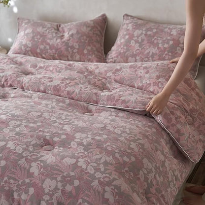 MKXI Double Layer Muslin Cotton Comforter Set Farmhouse Old Pink Floral Comforter Full Size Shabby Chic Bedding Comforter Set Soft Breathable French Country Bed Comforter for All Season