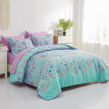 Queen Comforter Set, 7 Piece Bed in a Bag, Boho Aqua and Lilac Damask Medallion Print Comforter with Sheets, Soft Microfiber Complete Bedding Set for All Season (Aqua, Queen)
