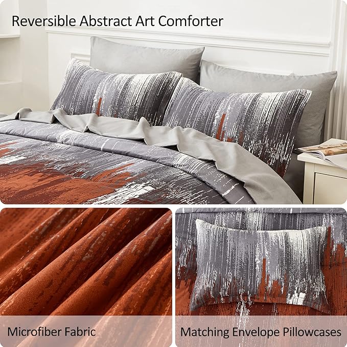 WONGS BEDDING Comforter Set King, Thanksgiving Burnt Orange 7 Pieces Bed in a Bag Abstract Gradient Soft Microfiber Fall Terracotta Bedding Set with Flat Sheet, Fitted Sheet, Pillow Shams, Pillowcases