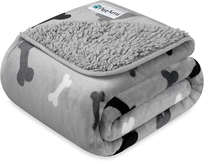 PetAmi Waterproof Dog Blanket Sherpa Fleece, Pet Medium Large Dogs, Reversible Cat Throw Bed Couch Sofa Furniture Protector, Soft Plush Microfiber (Large 40x60, Bone Print Gray), (40x60)