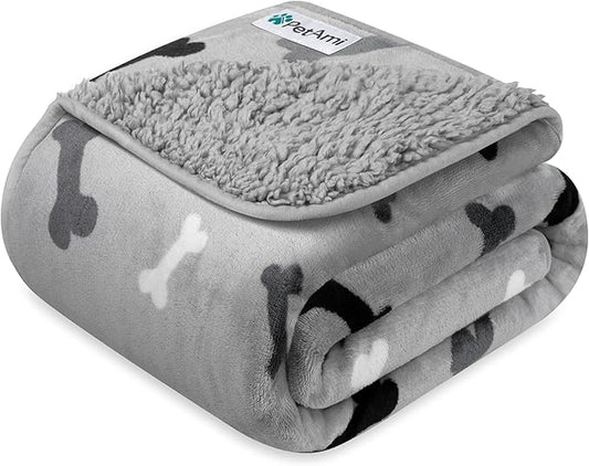 PetAmi Waterproof Dog Blanket Sherpa Fleece, Pet Medium Large Dogs, Reversible Cat Throw Bed Couch Sofa Furniture Protector, Soft Plush Microfiber (Large 40x60, Bone Print Gray), (40x60)