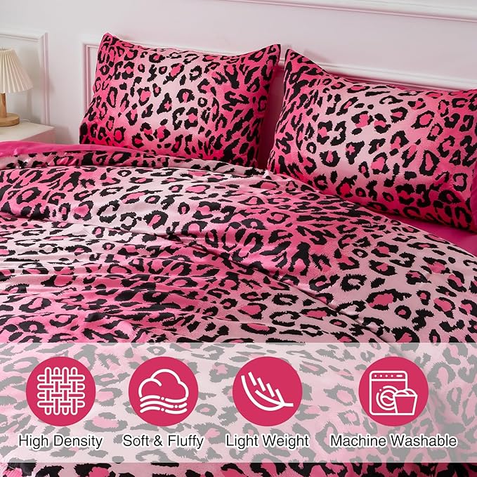 A Nice Night Leopard Printed,Satin Silky Soft Quilt Sexy Luxury Super Soft Microfiber Comforter Quilt Bedding 5PCS Comforter Set, Light Weighted (Pink, Queen(88-by-88-inches))