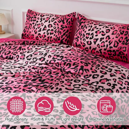 A Nice Night Leopard Printed,Satin Silky Soft Quilt Sexy Luxury Super Soft Microfiber Comforter Quilt Bedding 5PCS Comforter Set, Light Weighted (Pink, Queen(88-by-88-inches))