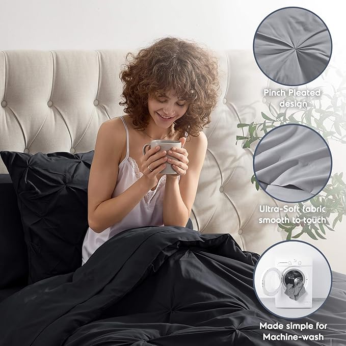 Nestl Twin Comforter Set 5 Piece - Pintuck Twin Bedding Sets Black, College Dorm Room Essentials for Girls and Boys Bed in a Bag Twin All Season, Twin Comforter Set with Sheets, Pillowcase and Sham