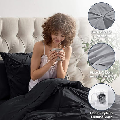 Nestl Twin XL Comforter Set 5 Piece - Pintuck Twin XL Bedding Set Black, College Dorm Room Essentials Bed in a Bag, Twin XL Comforter Set for College Girls and Boys with Sheets, Pillowcase and Sham