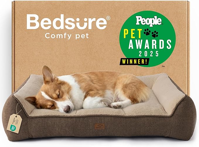Bedsure SupportMax Orthopedic Dog Bed Medium Size Dog - Extra Thick Supportive Medium Dogs Beds with Waterproof Washable Cover, Comfort Pet Bed Sofa with Soft Sherpa and Nonskid Bottom, Brown, 35"
