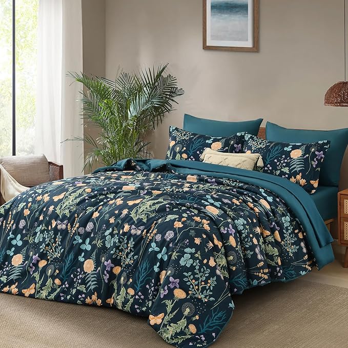 Yiran King Size Comforter Set 7 Pieces, Peacock Blue Botanical Floral Winter Comforter Bedding Set, Bed in a Bag King, Soft Microfiber Complete Bedding Set with Sheets for All Season