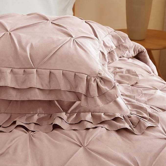 104x90 Ruffled Comforter Set with 2x20x36 Pillowcases Cozy Warm Bedding Set for Room Decor Blush Pink Breathable Quilted Comforter Set for Family, King Size