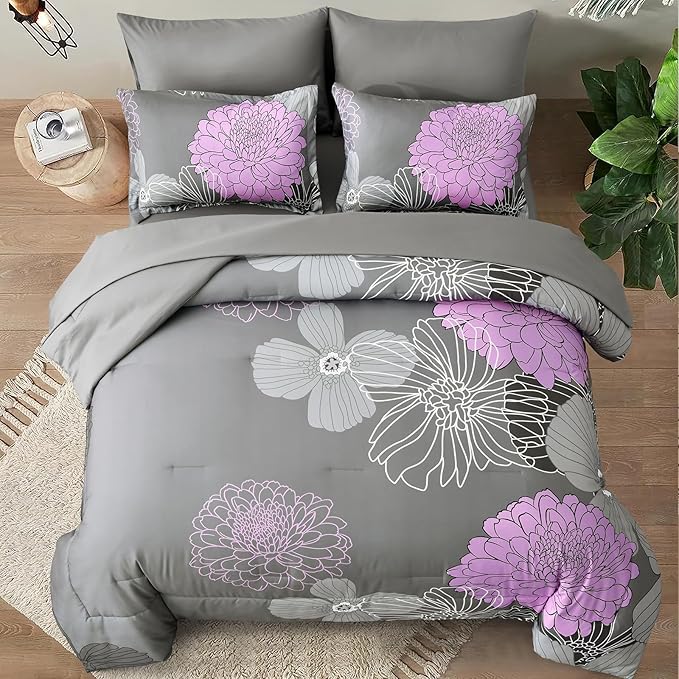 Yiran Full Comforter Set -7 Pieces Purple Grey Floral Comforter Set for All Seasons,Bed in a Bag Full Flowers Comforter with Flat Sheet Fitted Sheet Pillowshams Pillowcases