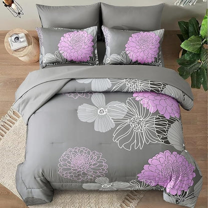 Yiran 7 Pieces Bed in a Bag Comforter Set Queen Size Grey Purple Bedding Sets Floral Soft Microfiber Comforter for All Seasons 90"×90"