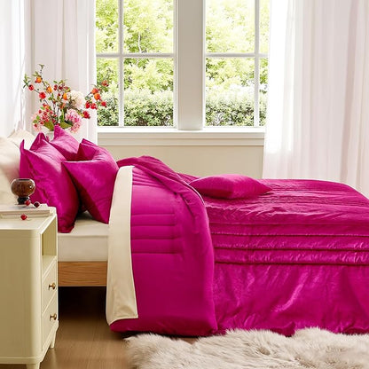 MUSSEL King Size Comforter Set Hot Pink 3 Pieces,Luxury Velvet Striped Bedding Comforter Sets,Elegant Lightweight Neutral Soft Fluffy King Comforter Sets for Bedroom