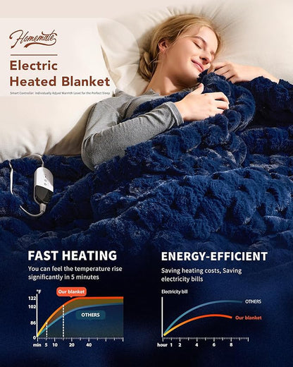 Homemate Heated Blanket Electric Throw - 50"x60" Heating Blanket Throw 4 Hours Auto-Off 10 Heat Levels Over-Heat Protection Luxury 800 GSM Faux Fur 200 GSM Sherpa ETL Certification