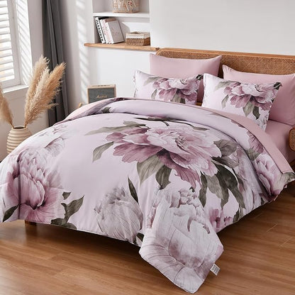 Dobuyly Pink King Size Comforter Set 7 Piece Bed in a Bag, Blush Floral Printed on Light Pink Comforter Set with Sheets, Soft Microfiber Botanical Flower Bedding Set for All Season