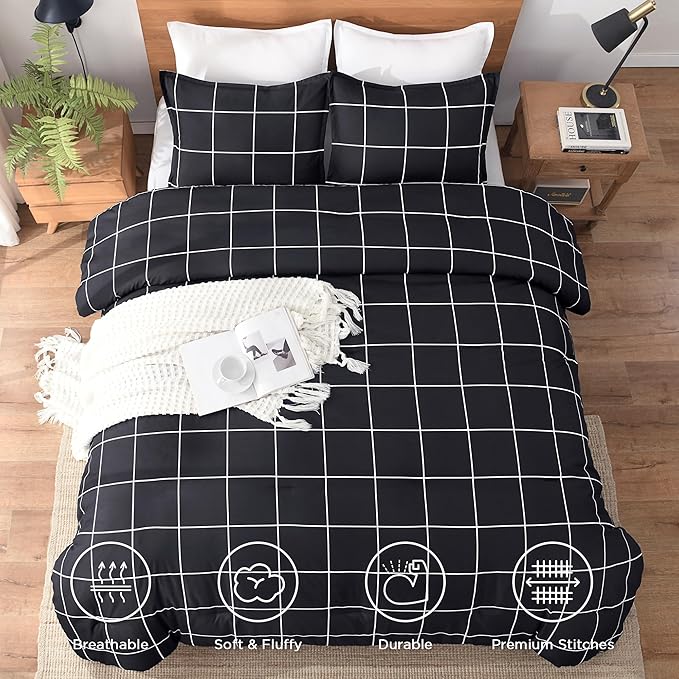 Andency Black Grid Comforter Set King(104x90Inch), 3 Pieces (1 Plaid Comforter and 2 Pillowcases) Black Plaid Comforter Set, Lightweight Microfiber Gingham Geometric Comforter Bedding Set