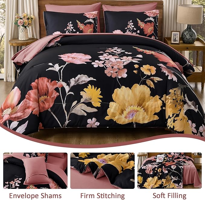 DJY Floral King Comforter Set - 7 Pieces Black & Blush Floral Bed in a Bag with Flower Leaves Pattern, Soft Microfiber Botanical Comforter and Sheet Set, All Season Bedding Set (104''x90'')