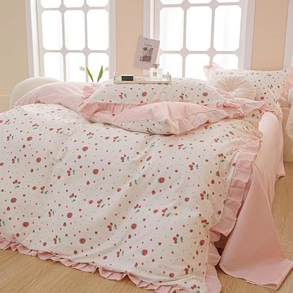 HighBuy Pink Strawberry Print Comforter Set Queen White Pink Ruffle Comforter Queen Kids Girls Princess Bedding Comforter Sets 1 Soft Romantic Ruffle Comforter with 2 Lace Pillowcases
