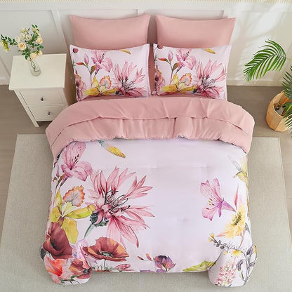 Yogeneg King Size Comforter Set 7 Piece Bed in a Bag,Elegant Floral Botanical Pattern Pink Bedding Set,Soft Microfiber Comforter with Sheet Set,All Season Bed Set(Blush Floral,King)