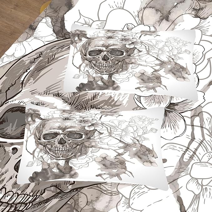 Tailor Shop Skull Comforter Set Full Size, Gothic Fog Smoke Skull Skeleton Comforter Sets,Halloween Bedding Set, Grey Bedding Comforters for Young Man Boy Teens, with 1 Comforter 2 Pillowcases…