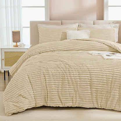 Andency Fleece Queen Comforter Set, 3 Pieces Beige Comforter Set for Queen Size Bed, Soft Warm Cream Fluffy Fuzzy Luxury Bedding Set for Winter (1 Comforter & 2 Pillowcases)
