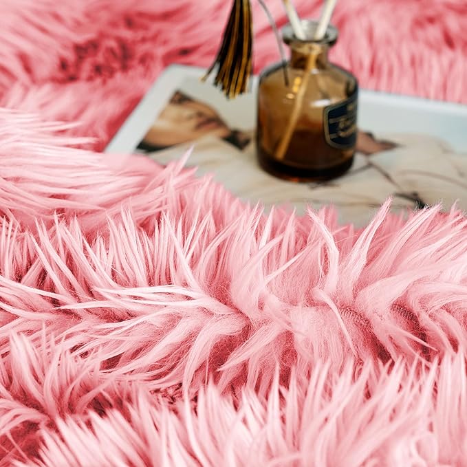 JONIYEAR Oversized Decorative Fluffy Faux Fur Throw Blanket Twin Size 60" x 71", Soft Luxury Lightweight Furry Blankets, Accent Cozy Shaggy Plush Fuzzy Blankets for Bed,Thick Warm Winter Blanket, Pink