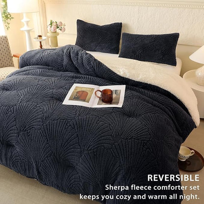 Seashell Jacquard Sherpa Comforter Set Warm Cozy Premium Bedding 3 Pieces, Full/Queen Size Geometric Pattern Quilt Comforter with 2 Pillowcases(90"X90" Grey)