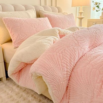 Seashell Jacquard Sherpa Comforter Set Warm Cozy Premium Bedding 3 Pieces, Full/Queen Size Geometric Pattern Quilt Comforter with 2 Pillowcases(90"X90" Light Pink)