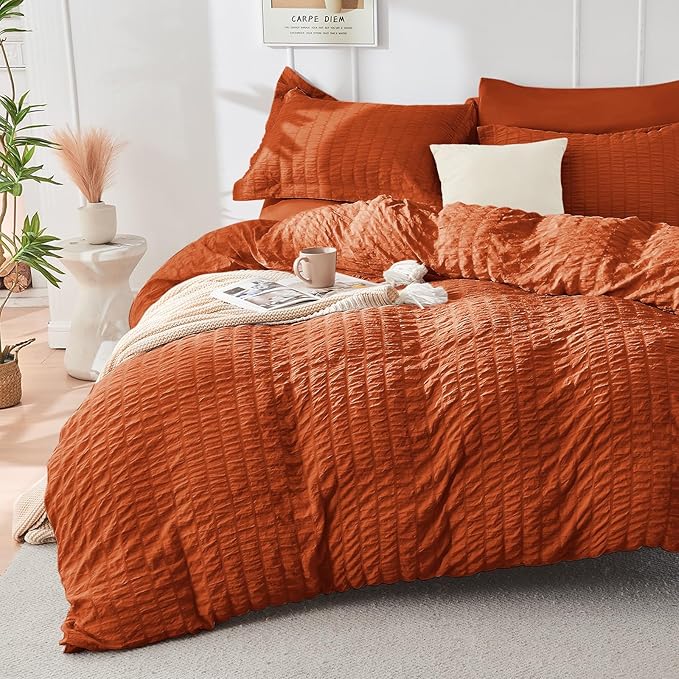 HYMOKEGE Burnt Orange Twin Comforter Set Seersucker 5 Pieces, All Season Luxury Bed in a Bag for Bedroom, Bedding Set with Comforters, Sheets, Pillowcase & Sham