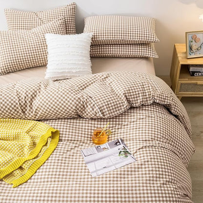 mixinni Tan Gingham Comforter Set Queen, Plaid Comforter Set 3 Pieces 1 Beige Grid Comfoter with 2 Pillow Cases for All Seasons, Soft Fluffy Modern Grid Pattern Printed Bedding-Queen Size