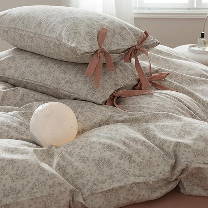HighBuy Farmhouse Floral Comforter Set King Grey Flowers Comforter Coquette Bedding Comforters Set Fluffy Botanical Bedding French Country Style 1 Floral Comforter,2 Bow Tie Pillowcases