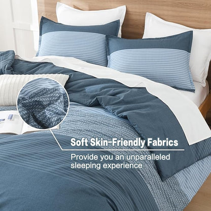 Litanika Comforter Set, Lightweight Colorblock Stripes Bedding Comforter Set, Fluffy Down Alternative Bed Set, Haze Blue, King