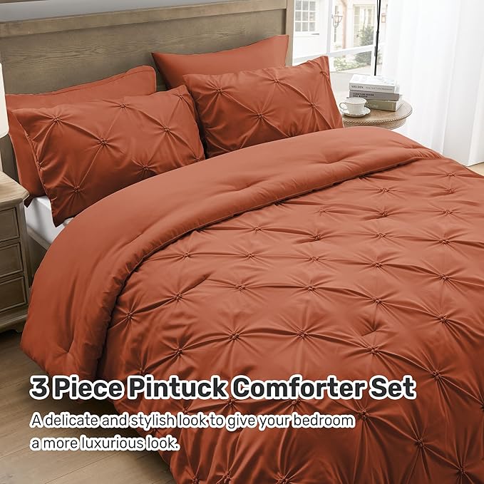 UNIKOME King Size Comforter Set Burnt Orange - Ultra Soft Boho Pintuck Down Alternative Bedding Set for All Seasons, 3 Pieces Lightweight Warm Pinch Pleat Bed Set with Comforter, 2 Pillowcases