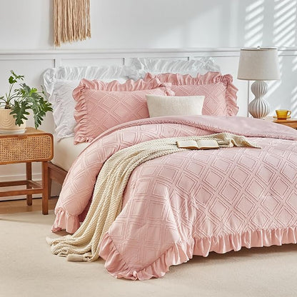 Tufted Grids Ruffle Comforter Set King Size, 3 Pieces Blush Pink Vintage Farmhouse Shabby Chic Comforters, Jacquard Boho Bohemian Bedding Set for All Season (1 Ruffled Comforter+ 2 Pillow Shams)