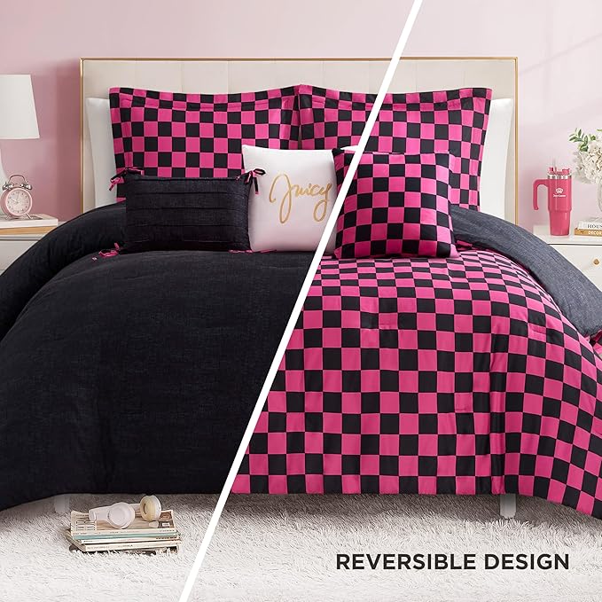 Juicy Couture Reversible Checkerboard Comforter Set 5-Piece Twin/Twin XL Set, Black/Hot Pink
