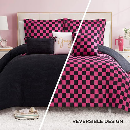 Juicy Couture Reversible Checkerboard Comforter Set 5-Piece Twin/Twin XL Set, Black/Hot Pink