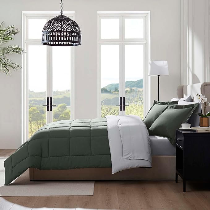 Nestl 7 Piece King Comforter Set – Olive Green Reversible Bed in a Bag – Complete King Size Bedding Set with Sheets, Pillowcases and Shams