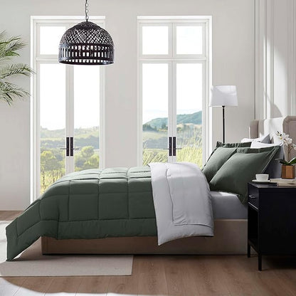 Nestl 7 Piece Full Comforter Set – Olive Green Reversible Bed in a Bag – Complete Full Size Bedding Set with Sheets, Pillowcases and Shams