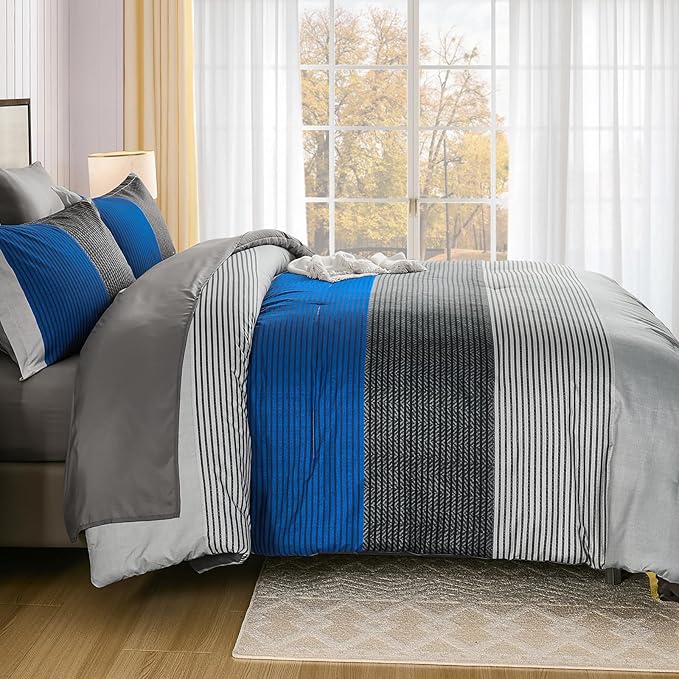Anibedding King Size Blue Comforter Set 7 Pieces, Blue and Gray Patchwork Striped Bed in a Bag with Sheet Pillowcase for King Bed All Season