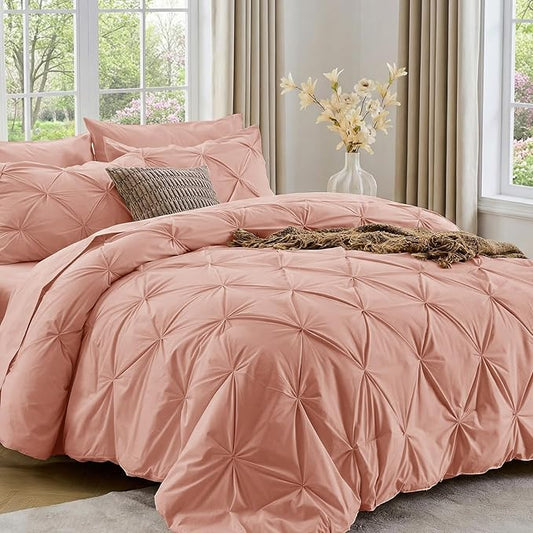 Sasttie King Size Comforter Set, 7-Piece Bed in a Bag, Pintuck Bedding Set for All Season, Includes Comforter, Flat Sheet, Fitted Sheet, Pillowcases and Pillowshams, Blush
