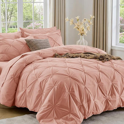 Sasttie Full Size Comforter Set, 7-Piece Bed in a Bag Double, Pintuck Bedding Set for All Season, Includes Comforter, Flat Sheet, Fitted Sheet, Pillowcases and Pillowshams, Blush