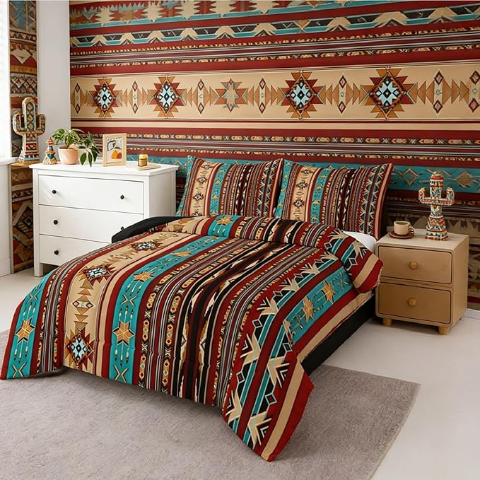 Erosebridal Aztec Bedding Set Full Geometric Comforter Set,Retro Vintage Indian Tribe Geometric Quilt Exotic Nordic Western Duvet Insert,Southwestern Native Bohemian Decor,Messy Red Brown Blue