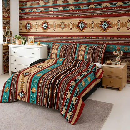 Erosebridal Aztec Bedding Set Full Geometric Comforter Set,Retro Vintage Indian Tribe Geometric Quilt Exotic Nordic Western Duvet Insert,Southwestern Native Bohemian Decor,Messy Red Brown Blue